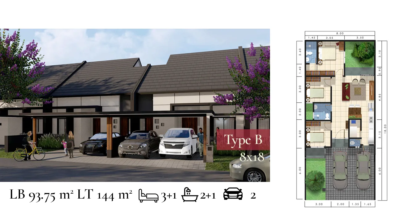 Tampak tipe unit 8x18 Raffles Residence Cluster Ruby